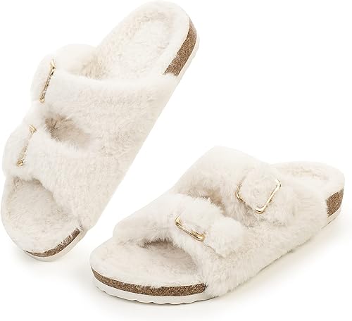 FITORY - Pantuflas de punta abierta para mujer, con acogedor forro interior, sandalias de imitación de piel de conejo y de corcho, tallas de la 6 a