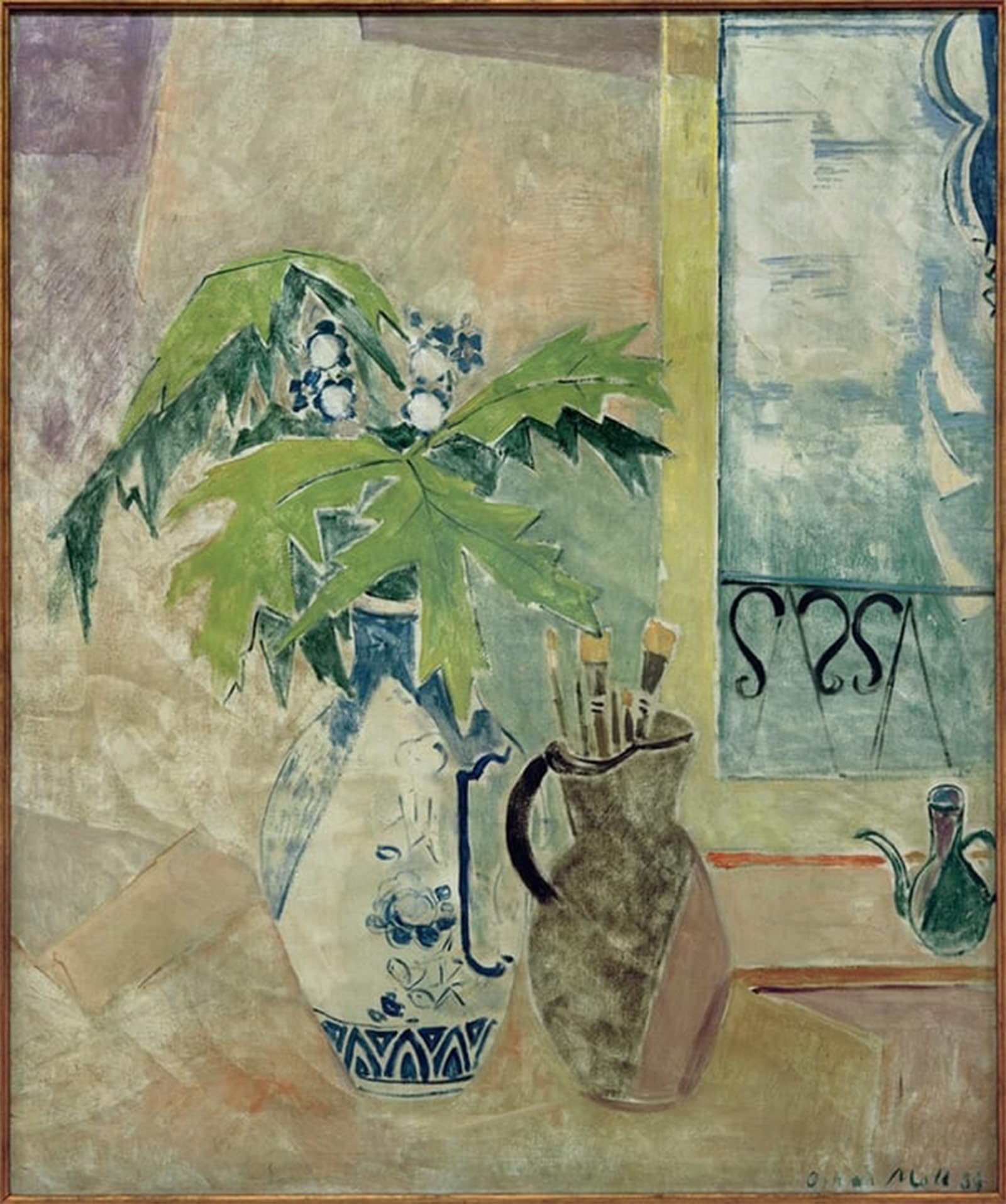 Serendipitp No Frame Abstract Painting Mural Print Picture Wall Decor Painting Vase With Branches And Pitcher With Brushes By Oskar Moll Vintage Wall Artwork For Home Decor 60X90cm