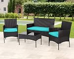 FDW Meubles de patio en osier 4 Kit de patio de pièce Chaises Wicker Canapé extérieur Rattan Conversation Set Bistro Table de café pour cour ou jardin, Bleu