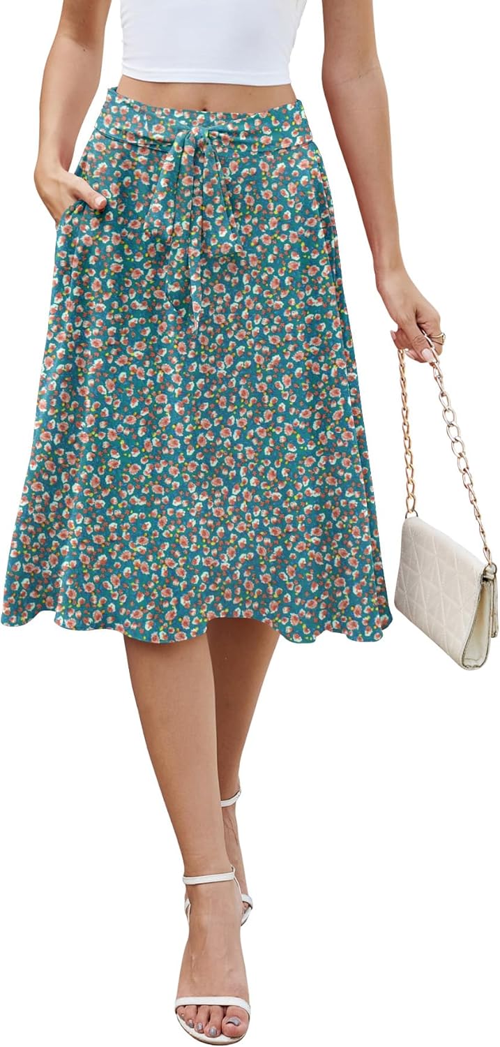 KUOTAI Women's Flowy Skirt Midi Length High Waist A-Line Skirts with Pockets Flared Below The Knee Skirts
