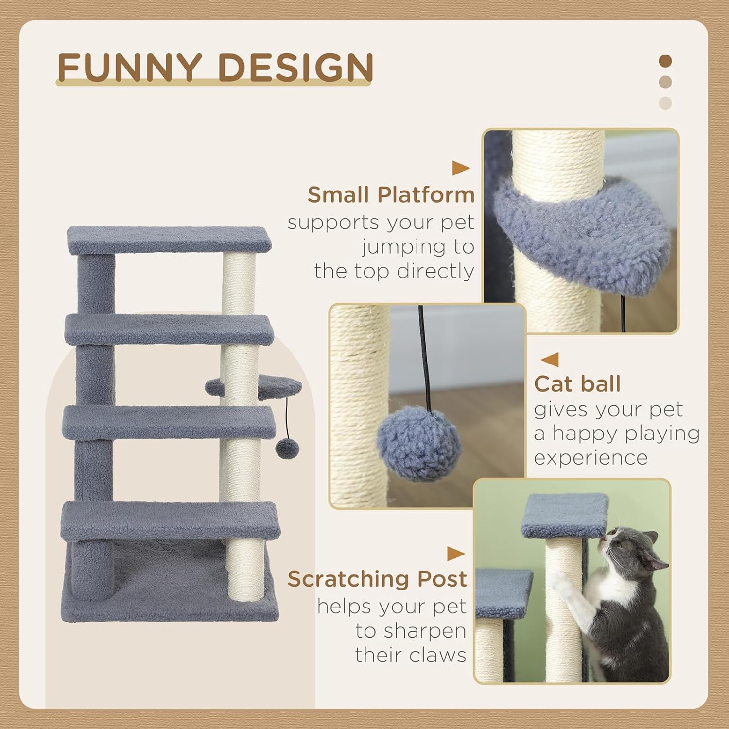 All-in-One Pet Steps for Cats 4-Level Cat Stairs with Scratching Post & Hanging Ball Gentle Ramp for Small Dogs Seniors to Reach Bed & Sofa Compact Modern Design Grey