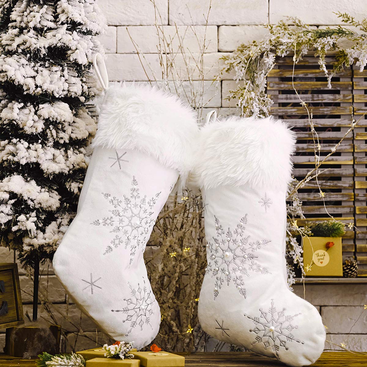 Mauts Silver 20” White Christmas Stockings,Christmas Decorations Stockings With Pearl Snowflakes, Used For Gift Box Mantel Decoration Party Christmas
