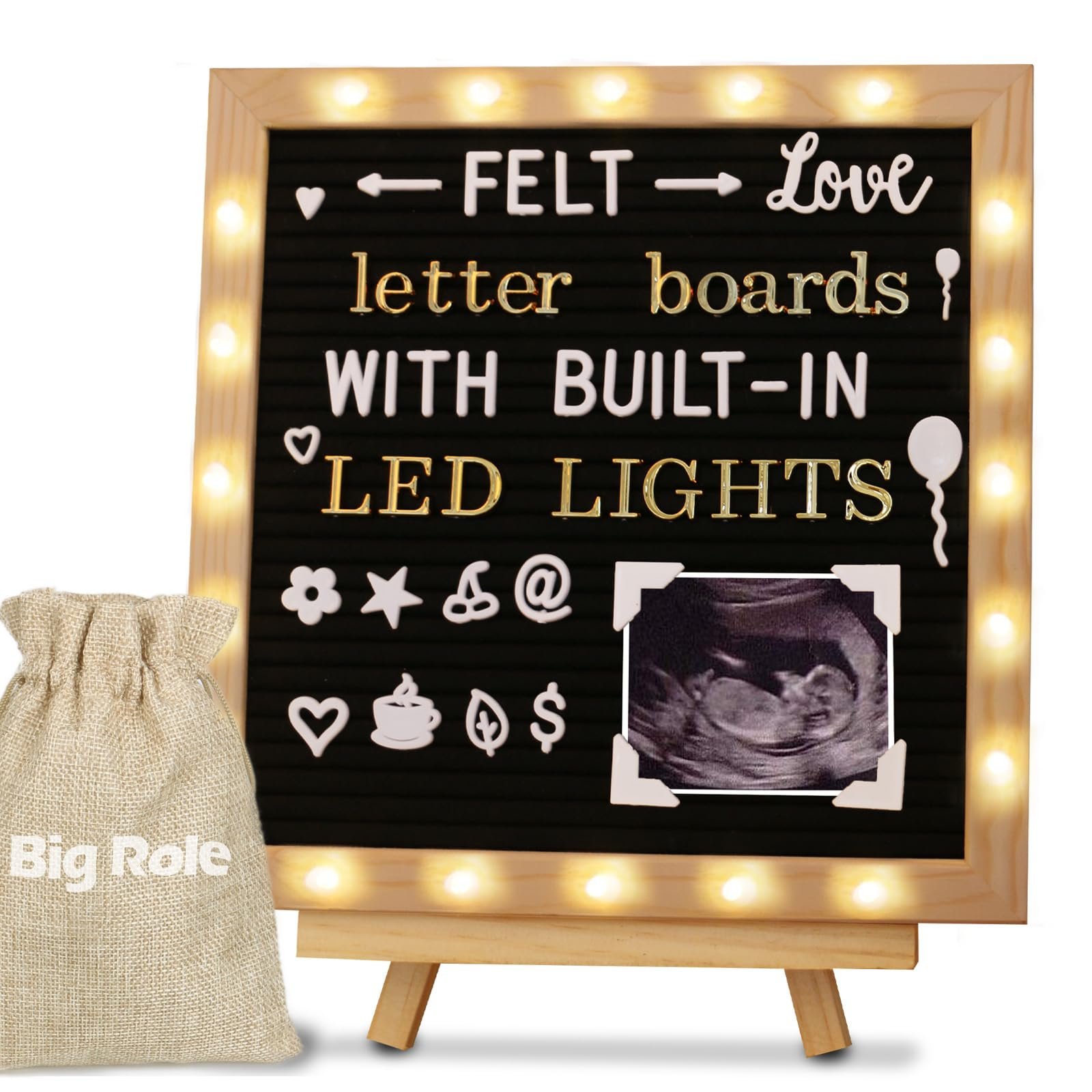 Black Felt Letter Board With Stand and LED Lights 10x10in - Changeable Message Sign With White and Gold Wood Frame - Menu Board for Pregnancy