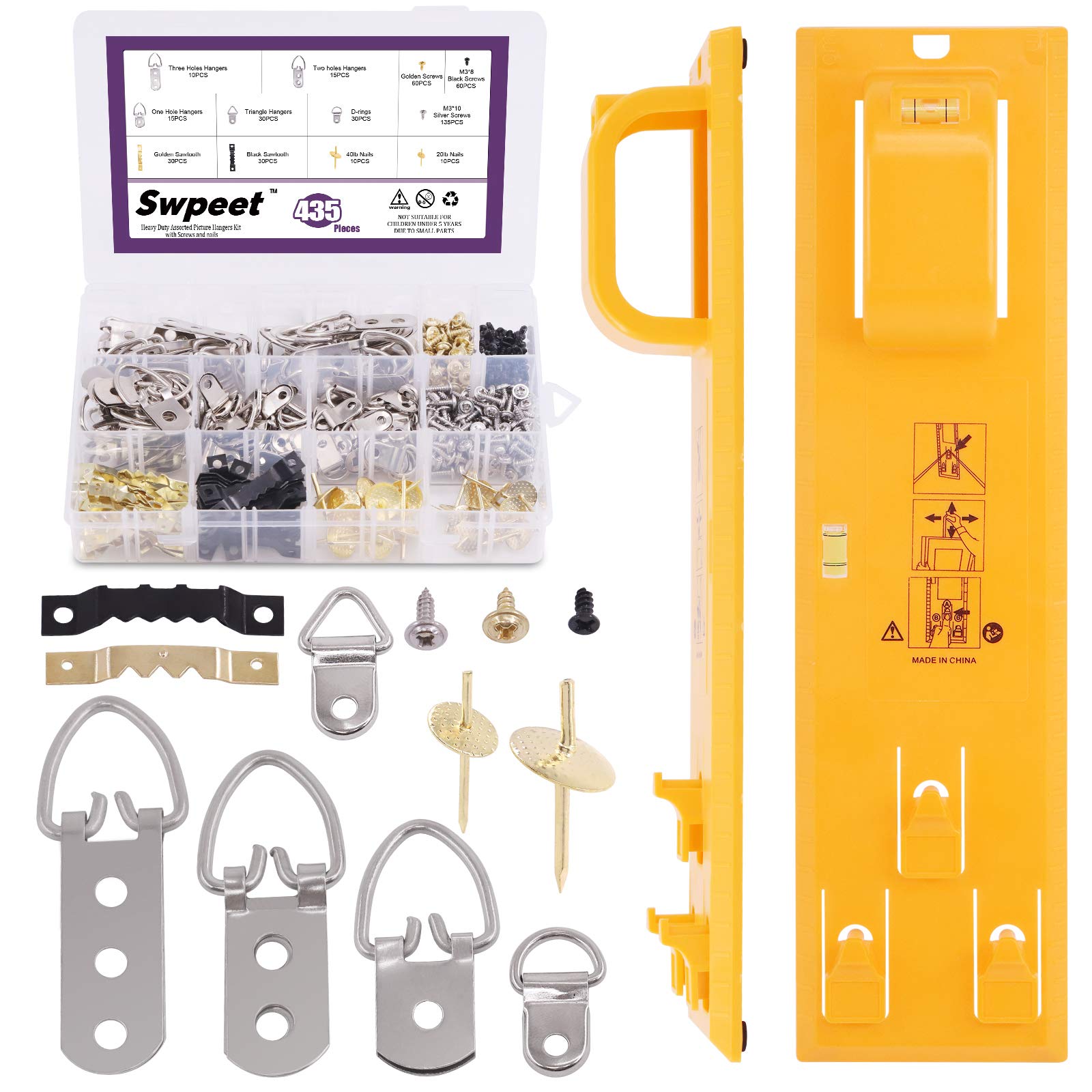 Swpeet 435Pcs Picture Hangers with Yellow Picture Hanging Level Tool Assortment Kit