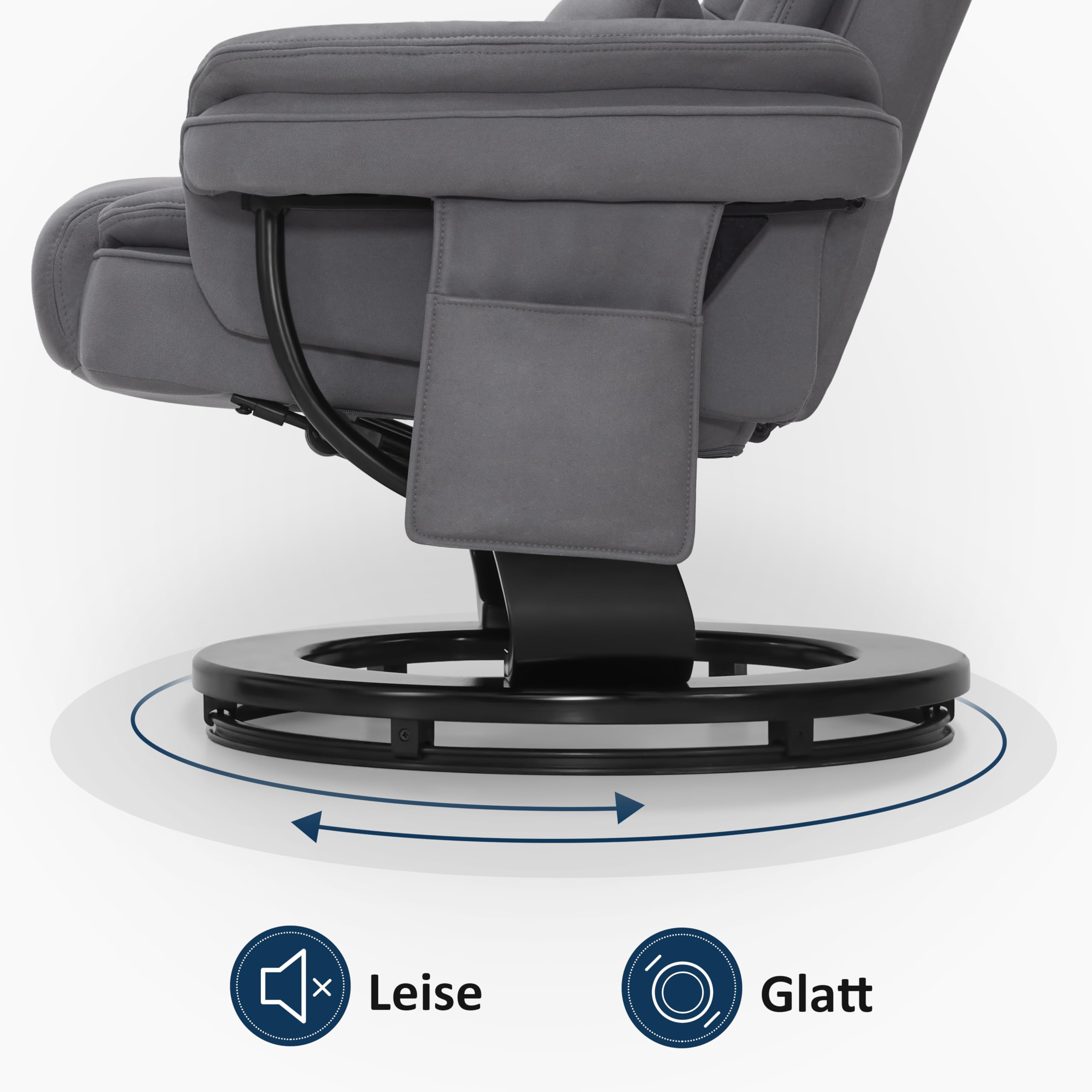 M MCombo Relaxsessel mit Liegefunktion, Lesesessel, 360° Drehbarer Fernsehsessel, mit Hocker, mit Kissen & Seitentasche, bis 120 Kg Belastbarer TV-Sessel für Wohnzimmer, 9099 (Mikrofaser, Grau)