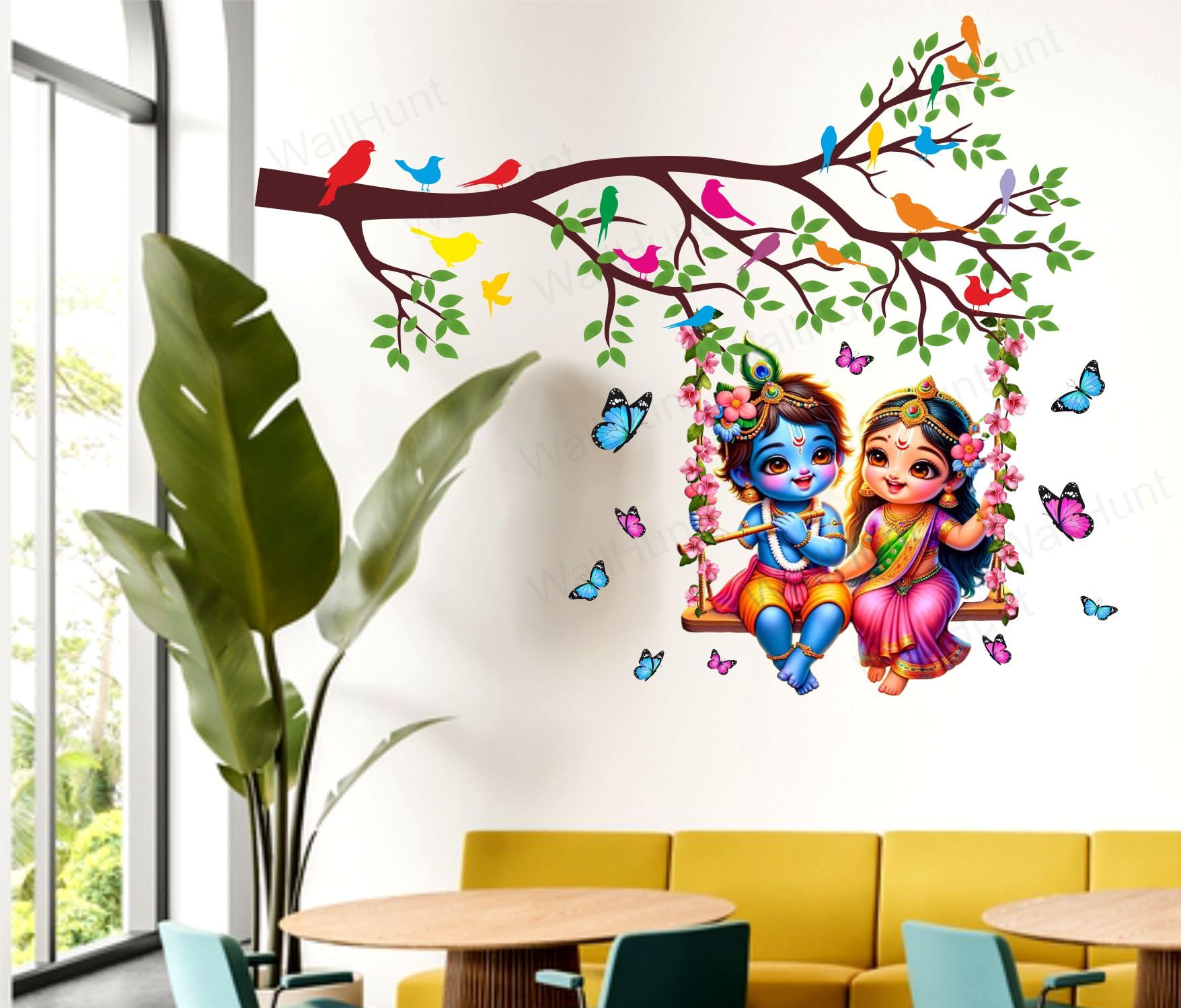 PVC Vinyl Tree and Flowers Branch Leaves Radha Krishna Self-Adhesive Wall Sticker for Home Decor/Decoration - Living Room, Bedroom, Kids Room (Multicolor, Size: 89X73 Cm)