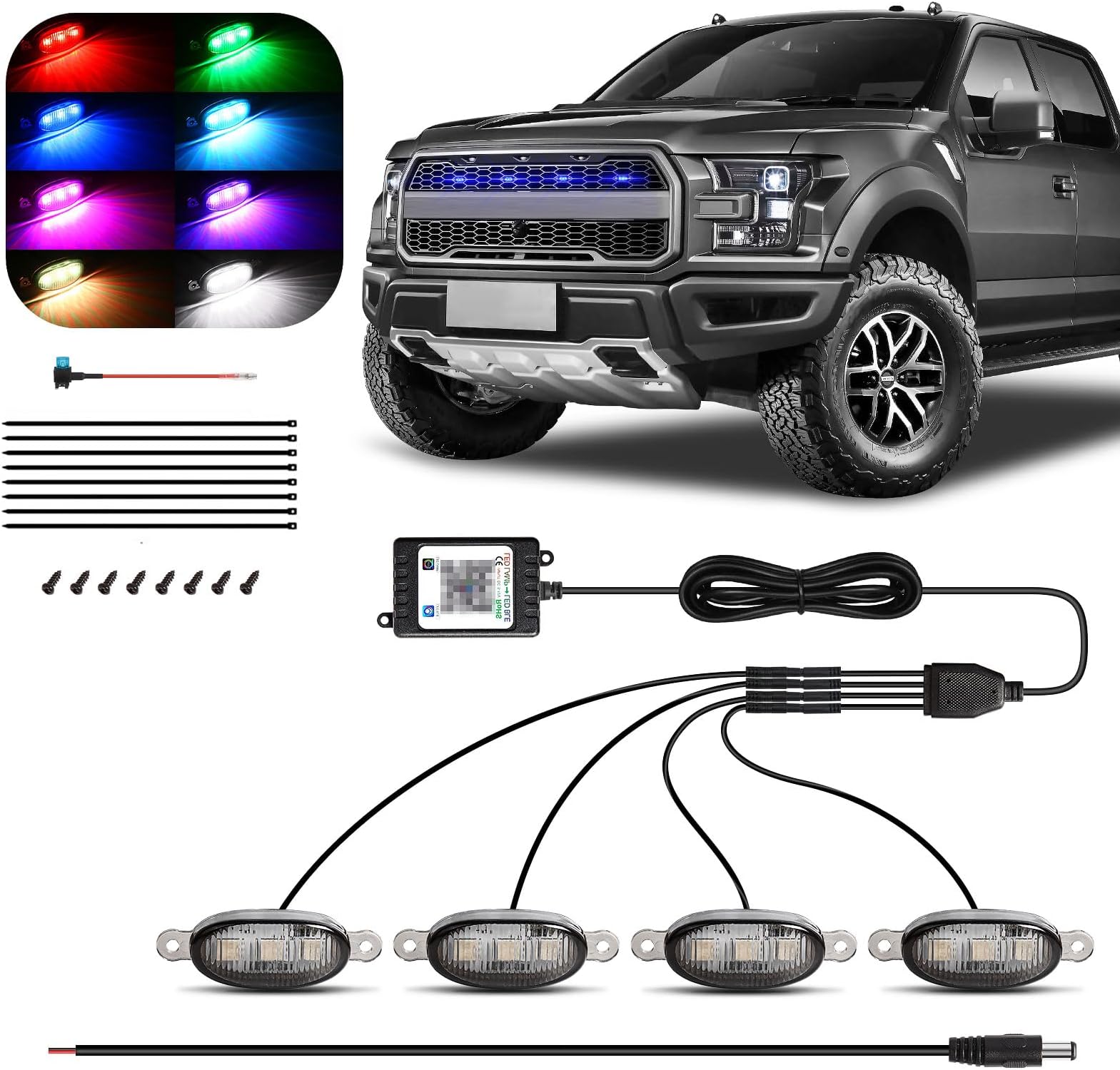 4 Pcs Led Universal RGB Grille Lights Compatible with Raptor Style Ford F150 for Dodge Ram 1500 Tundra with APP Control - LED Front Daytime Running Light Accessories with Fuse Harness