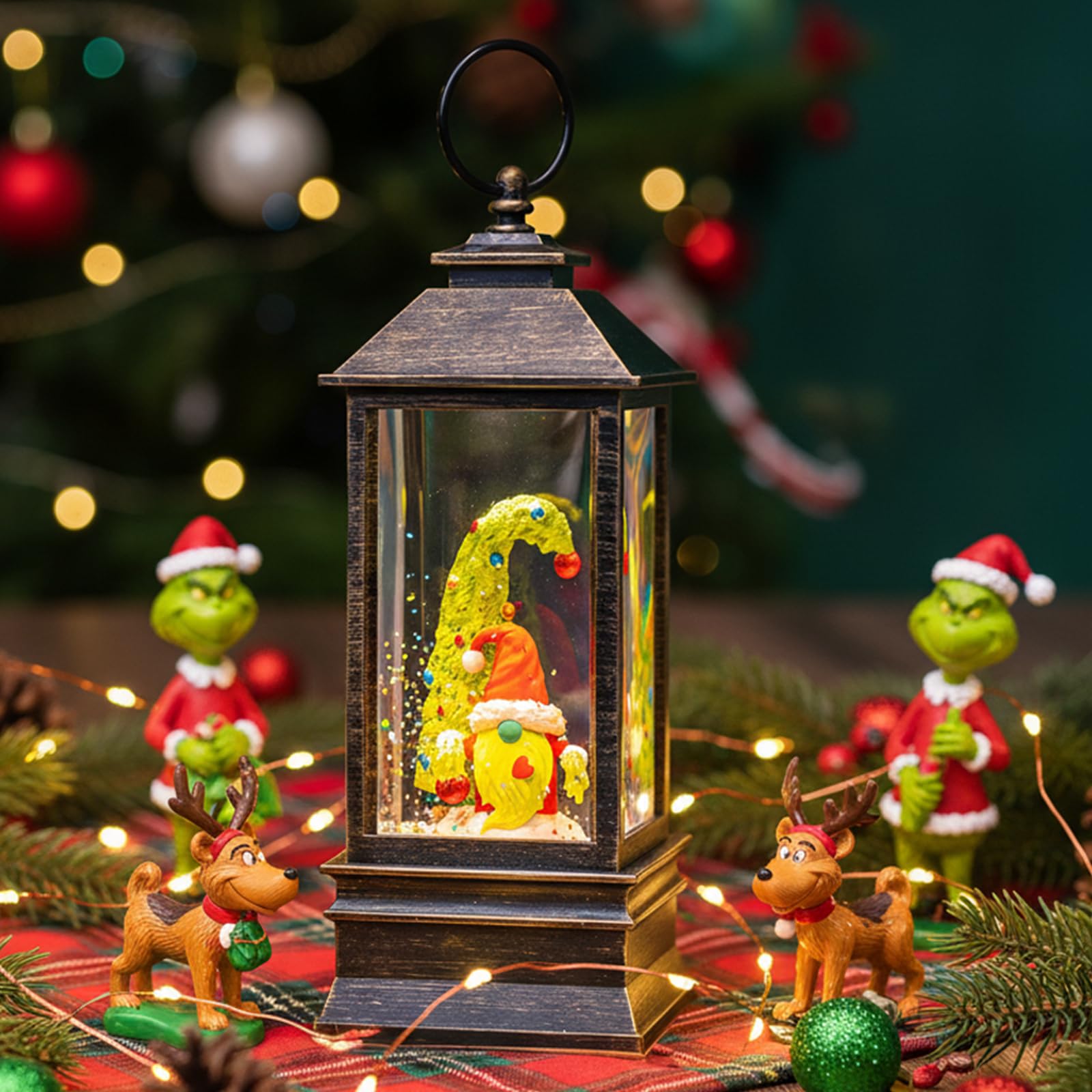 Christmas Snow Globe Lantern Water Glittering Xmas Gnome with Whimsical Christmas Tree, USB Lined/Battery Operated Lighted Lantern for Christmas Festival Decoration Gifts