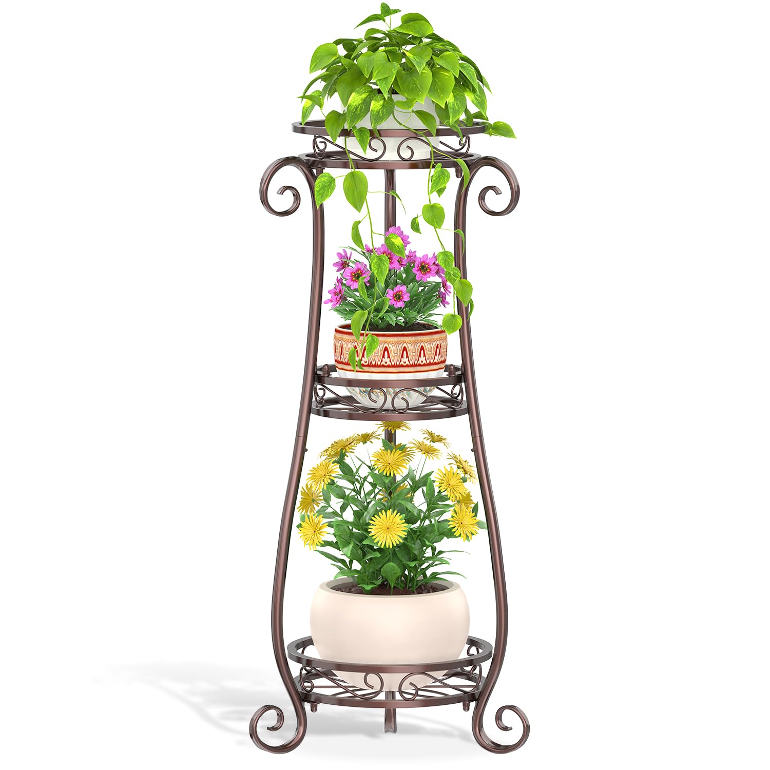 LASZOLA 3 Tier Bronze Metal Plant Stand for Multiple Large Planters Indoor Outdoor Organizer, Heavy Duty Tall Flower Stand for Corner Patio Bathroom
