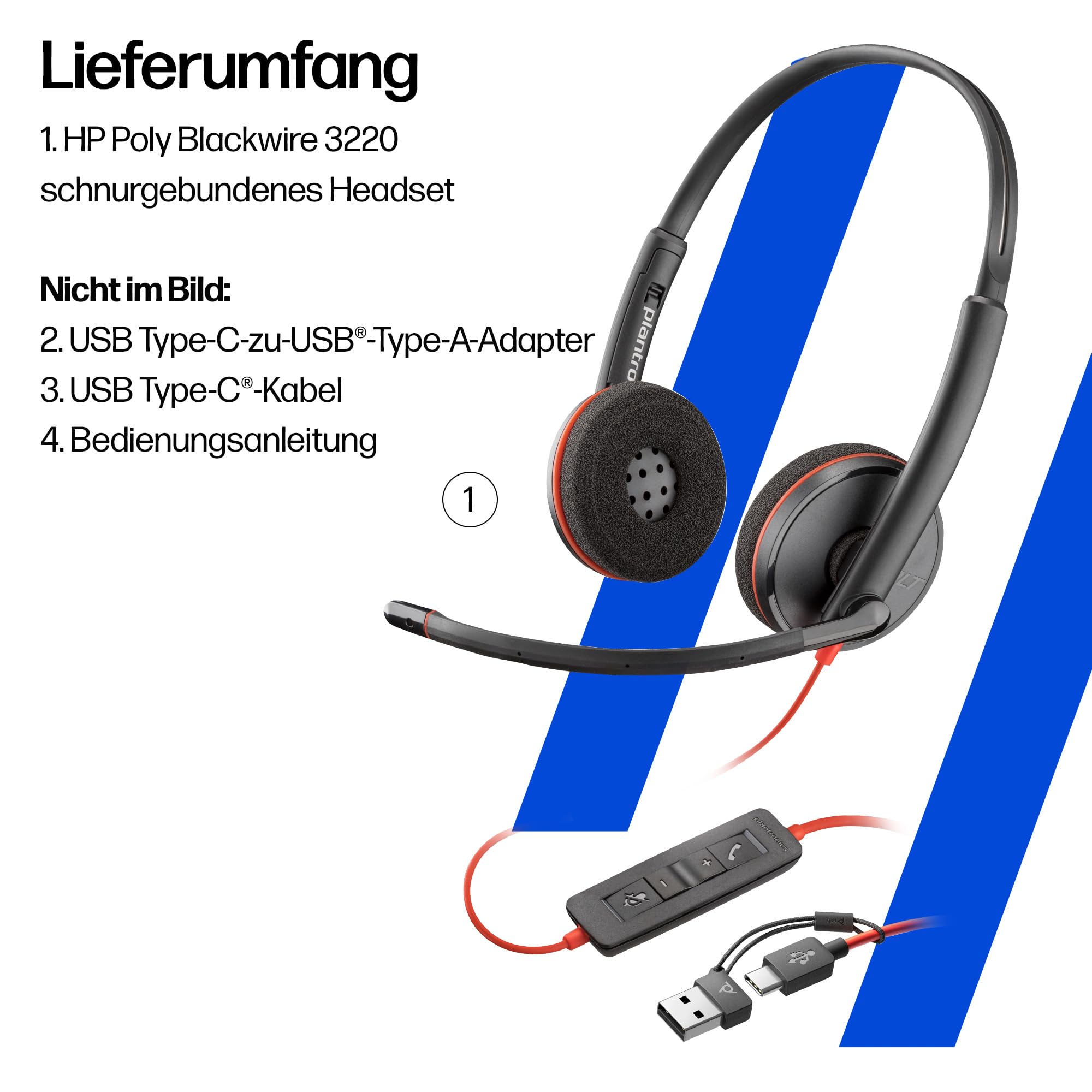 Poly Blackwire 3220 schnurgebundenes USB-C-Headset, Noise Cancelling-Mikrofon, Stereo-Design, Verbindung mit PC/Mac über USB-C oder USB-A, Kompatibel mit Teams/Zoom, SoundGuard-Technologie