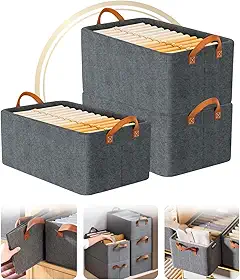 Kit 3 Caixas Organizadoras para Guarda Roupas e Gavetas, Alças Reforçadas, Material Respirável, Cinza, Kit com 3 Cestos Organizadores
