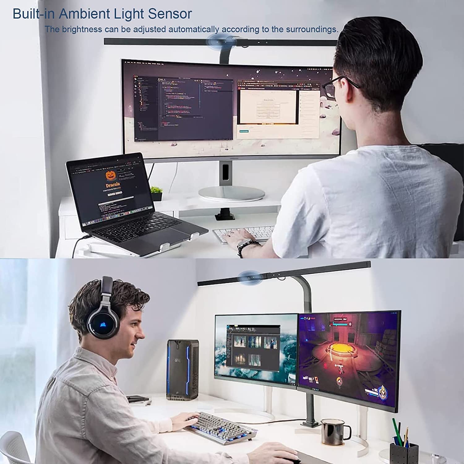 EYOCEAN Schreibtischlampe LED mit Auto-Dimmen, 80cm Tischlampe Klemmbar mit einstellbarer Farbtemperaturen, Augenschutz Vollspektrum Tageslichtlampe, Klemmleuchte mit Timer Funktion