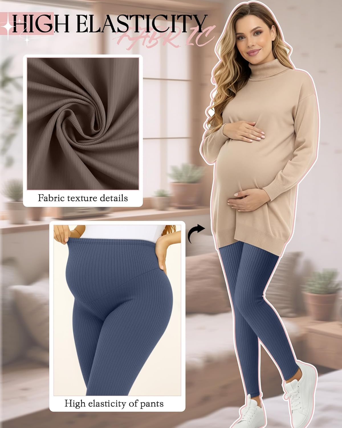 3 Pack Women's Maternity Pants Ribbed Cotton Over The Belly Tight Lounge Pregnant Pants for Casual Pajama Home - Image 6