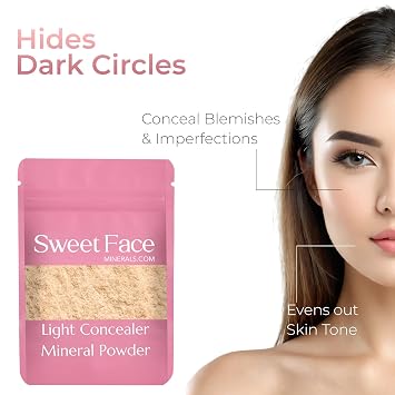 (1 Pound Bag) Light Concealer Powder Refillable Pouch by Sweet Face Minerals, High Coverage Under Eye Concealer for Mature Skin, SPF 30
