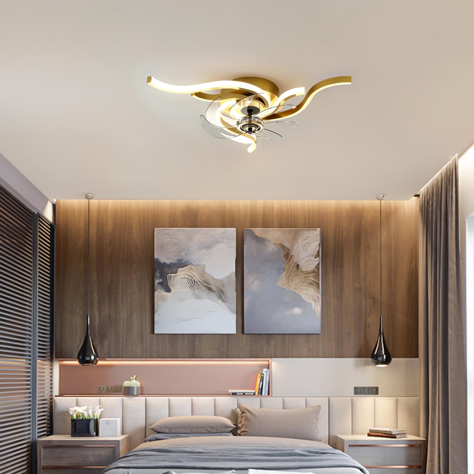 60 cm LED Deckenleuchte mit Ventilator spiralförmig Moderne Dimmbare Deckenventilatoren 6-Speed Lampe mit Ventilator Mit Fernbedienung App Timer Leiser für Schlafzimmer Esszimmer Büro (Gold)