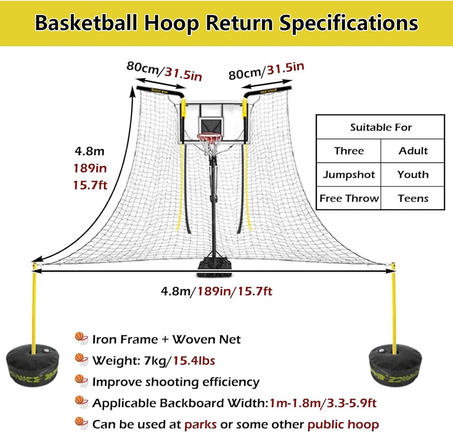 Basketball Air Defense Return Net Guard and Backstop, Ball Shot Trainer with 16x16ft Net, Automatic Ball Rebounder 90° Rotatable, Hoop Rebound Back Netting Attachment for Yard, Home & Residential Use(