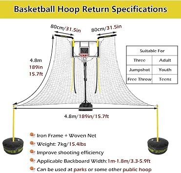 Large Basketball Return Attachment for Hoop, Ball Shot Trainer with 16x16ft Net, Automatic Ball Rebounder 90 Rotatable, Hoop Rebound Back Netting Attachment for Yard, Home & Residential Use(Shooting