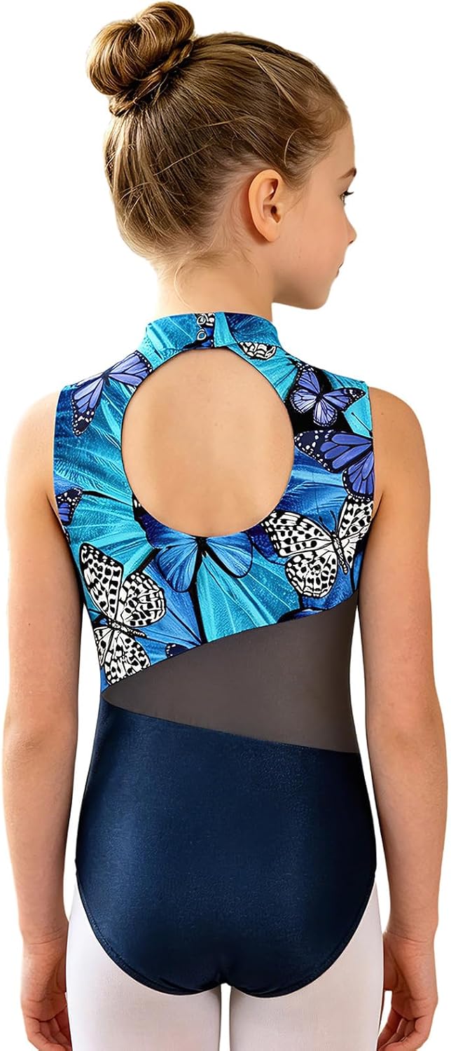 FEESHOW Kids Girls Sleeveless Mesh Patchwork Practice Outfit Workout Bodysuit Ballet Unitard Tumbling Training Clothes