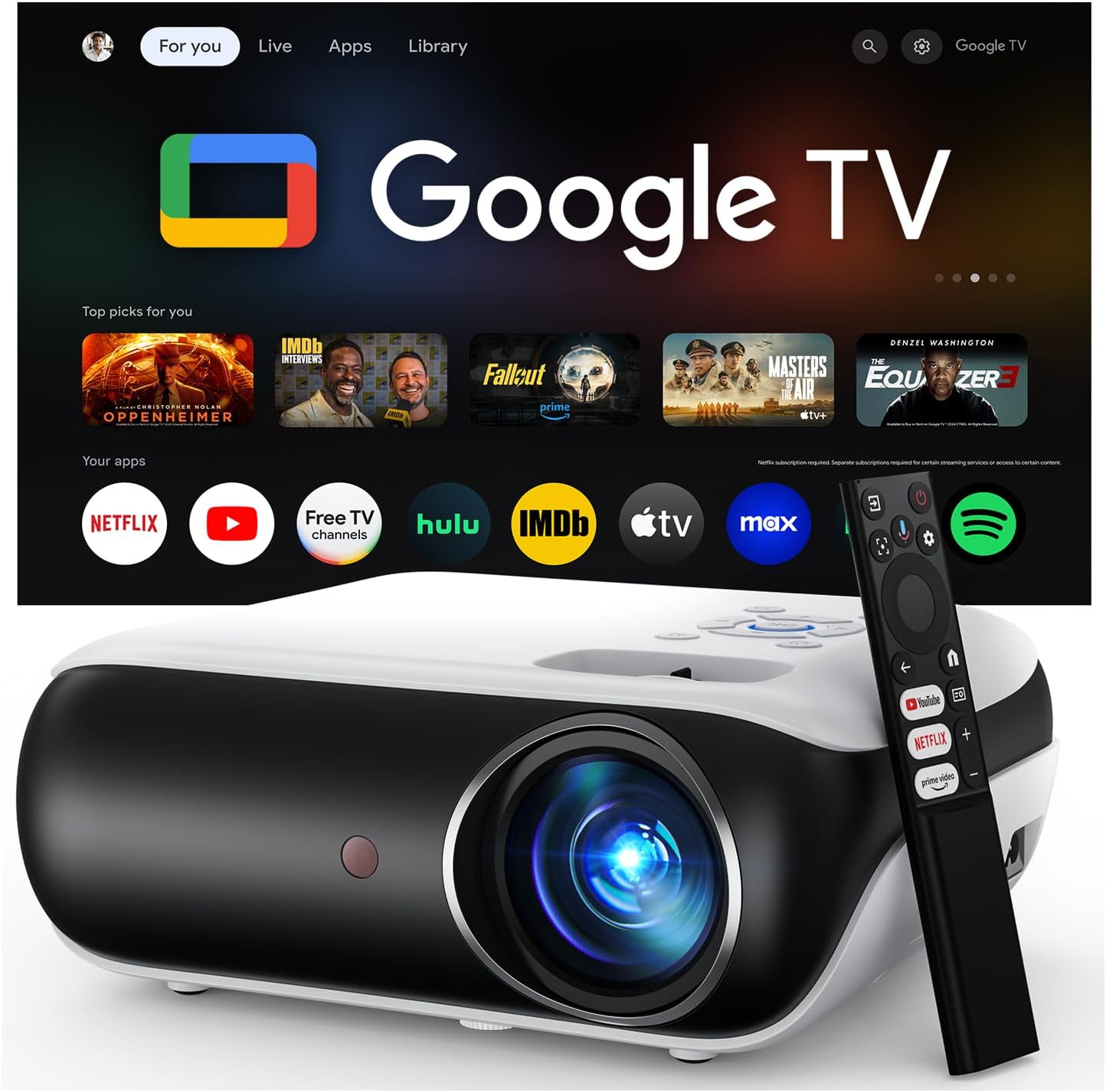【Google TV/Assistente Vocale/Dolby】Proiettore 4K, HAPPRUN 1000 ANSI 1080P Full HD Smart Videoproiettore con Netflix/Disney+ Ufficiale, WiFi6 e Bluetooth 5.2 per Home Cinema Esterno