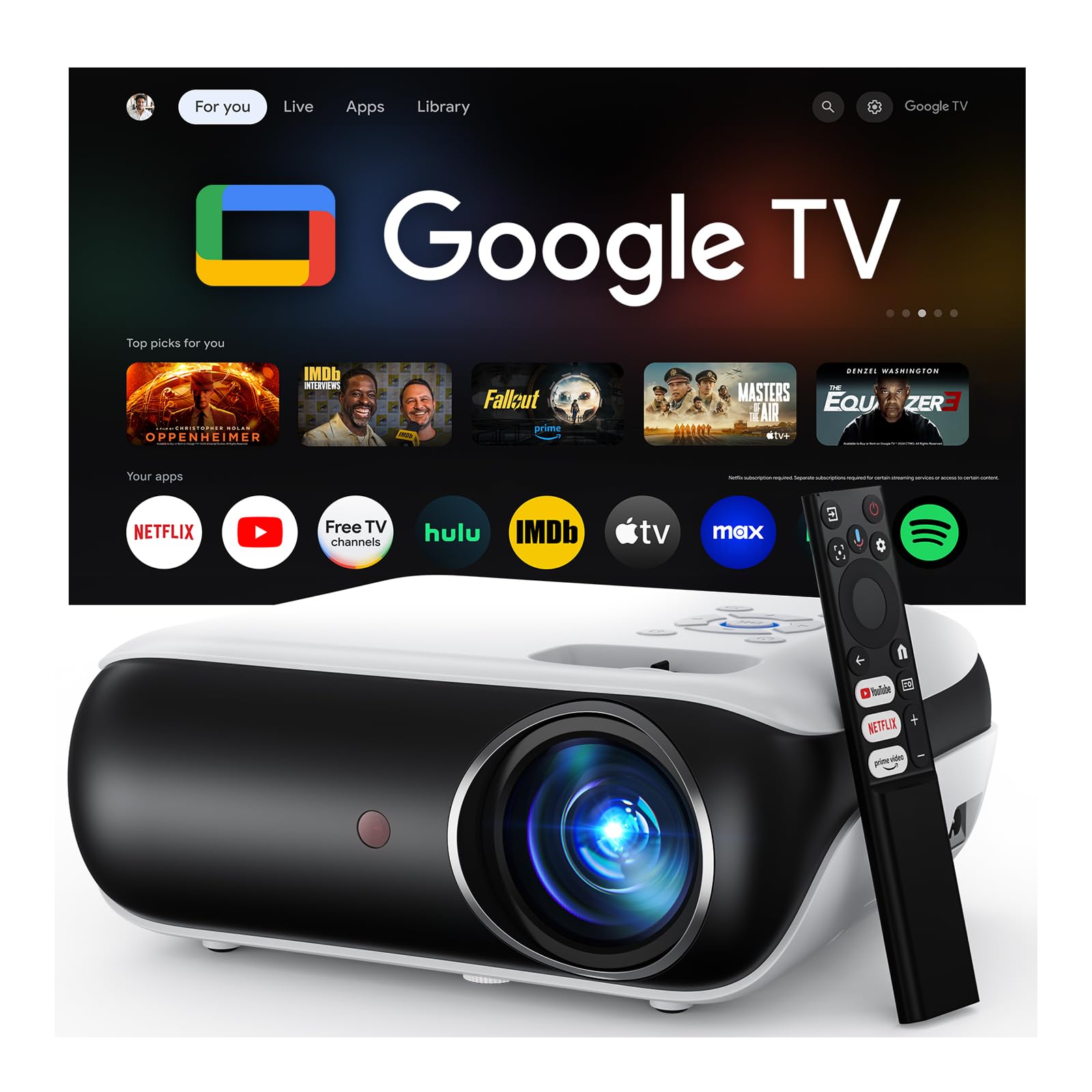 【Google TV/Assistente Vocale/Dolby】Proiettore 4K, HAPPRUN 1000 ANSI 1080P Full HD Smart Videoproiettore con Netflix/Disney+ Ufficiale, WiFi6 e Bluetooth 5.2 per Home Cinema Esterno