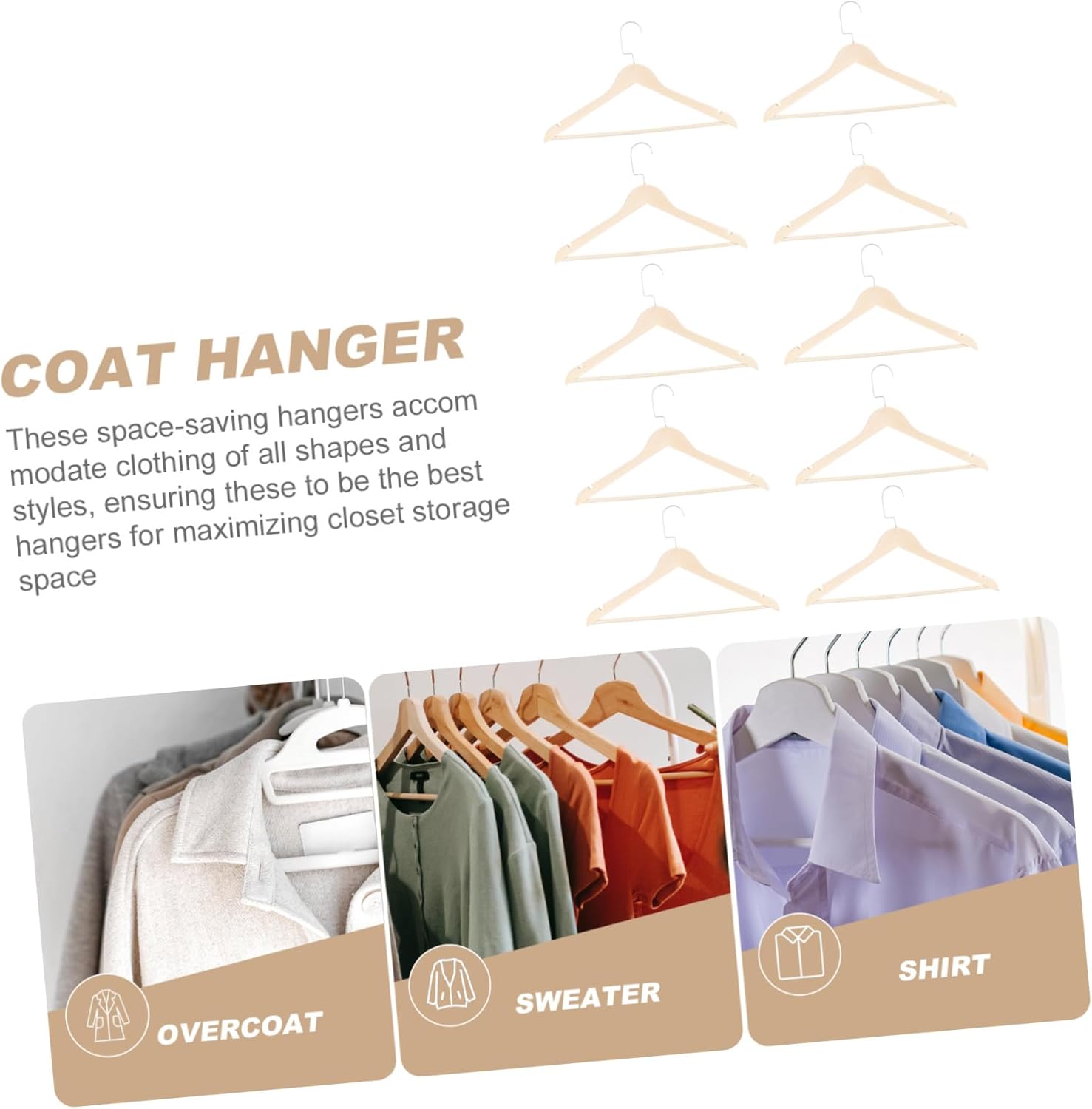10Pcs Retro Wooden Clothes Hangers Anti-Skid Closet Storage Holders for Pants Coats Skirts Flat Hook Design for Heavy Slippery Garments