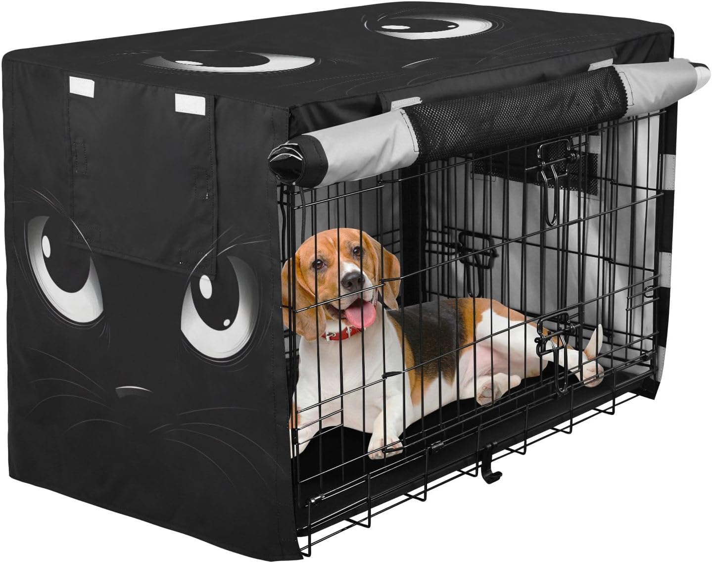 Funny Eyes Dog Crate Covers S-XL Windproof Pet Kennel Cover with Mesh Windows, Reduces Barking, X-Large
