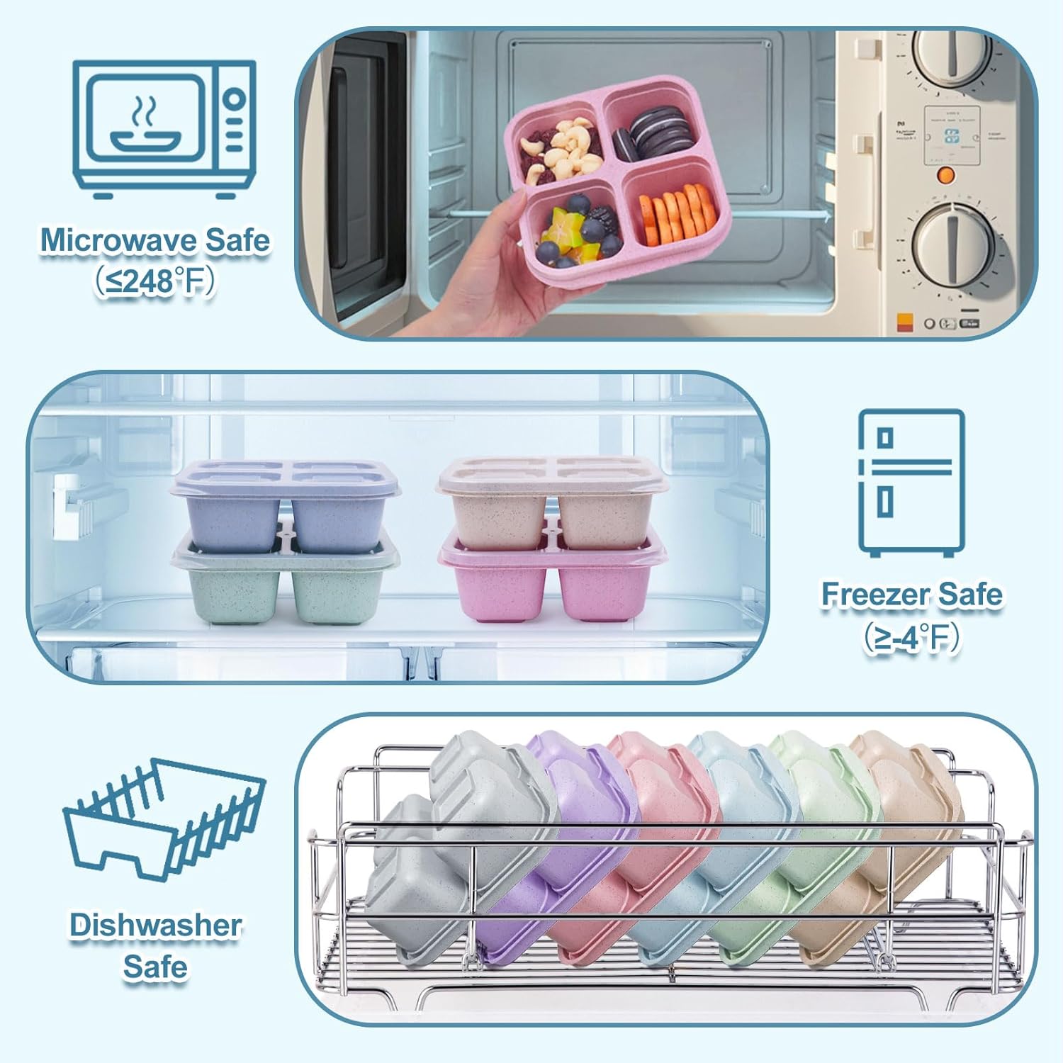 4 Compartments Snack Containers, 20 Pack Reusable Meal Prep Containers, BPA Free Lunch Box Container, Divided Food Storage Containers for Travel, Picnic, Microwave and Dishwasher Safe - Image 3