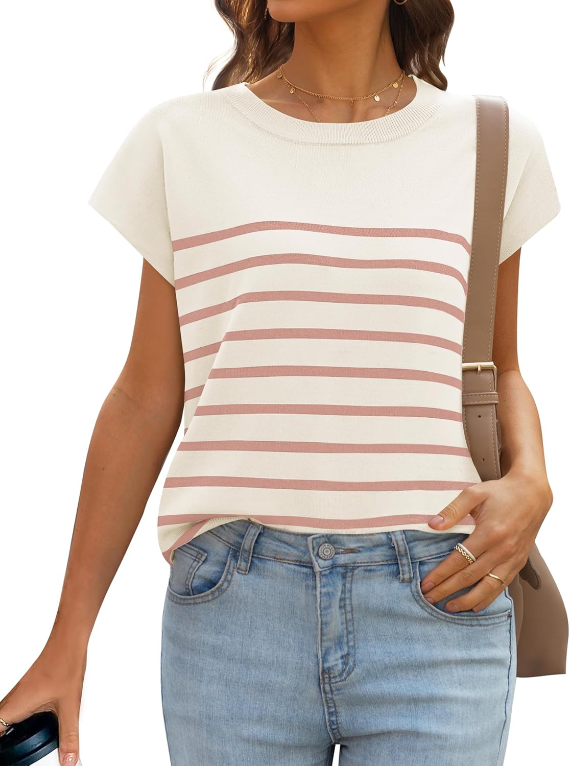 MIROL Women's Spring Tops 2026 Summer Striped Shirts Lightweight Loose Cap Sleeve Sweater Trendy Dressy Casual Work Blouses