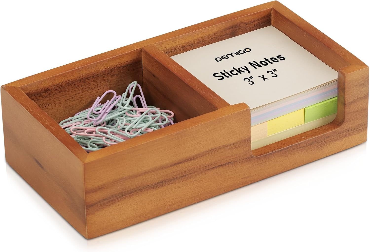 Demigo Acacia Wood Sticky Note Holder, 3x3 in Note Organizer, 2-Compartment