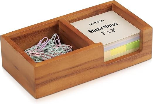 Demigo Acacia Wood Sticky Note Holder, 3x3 in Note Organizer, 2-Compartment | Solid Wood Desk Organizer for Note Pads, Paper Clips & Office Supplies, Compact Desk Caddy for Home & Teacher