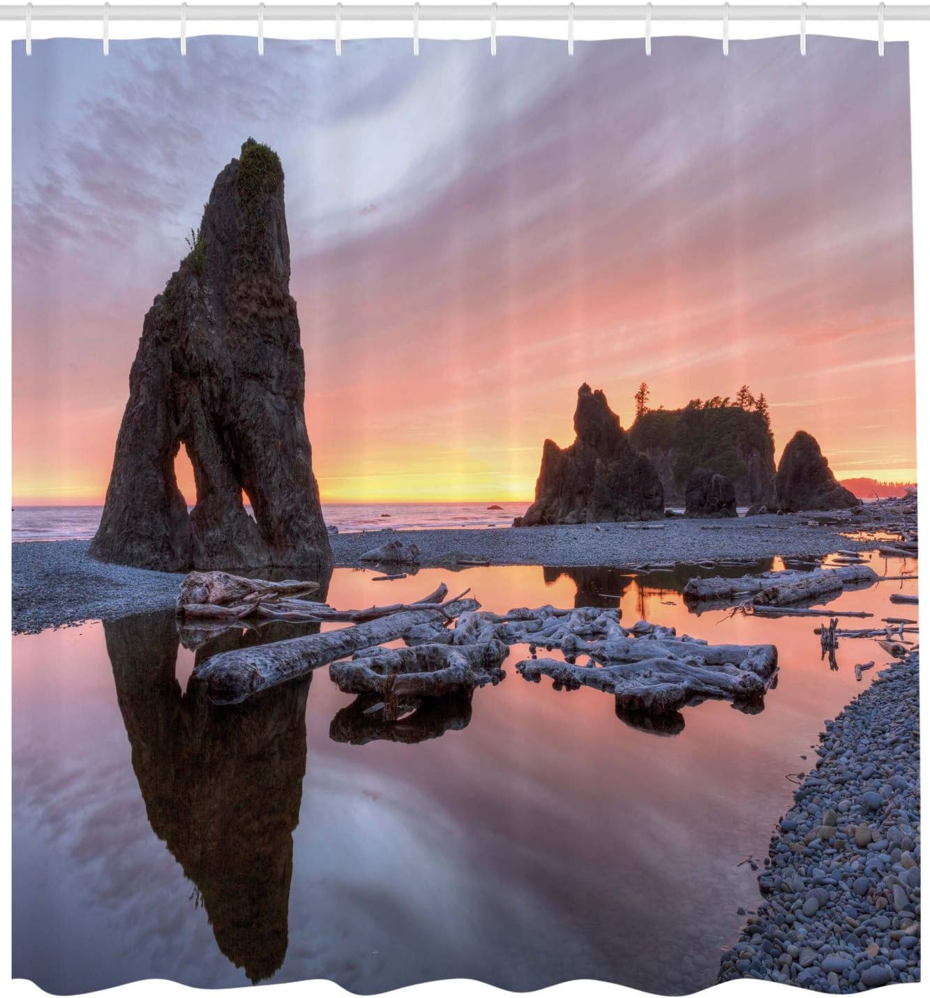 Ambesonne Driftwood Shower Curtain, Setting Sun Theme Sea Stacks and Wood at Ruby Beach Digital Image, Cloth Fabric Bathroom Decor Set with Hooks, 69" W x 70" L, Orange and Grey