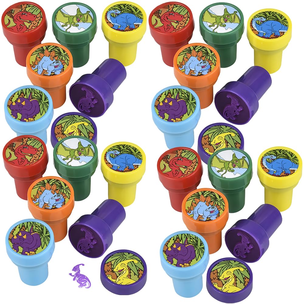 Multicolor Plastic Dinosaur Stampers - (24-Pack) 1.5" - Ideal for Birthday Celebrations & Museum Field Trip Souvenirs