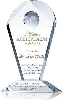 جائزة الإنجاز مدى الحياة Custom Engrave Crystal ، المخصصة مع اسم المستلم ورسالة الجائزة ، جائزة تكريم الشركات الكريستالية الفريدة M - 8.5 & # 34;