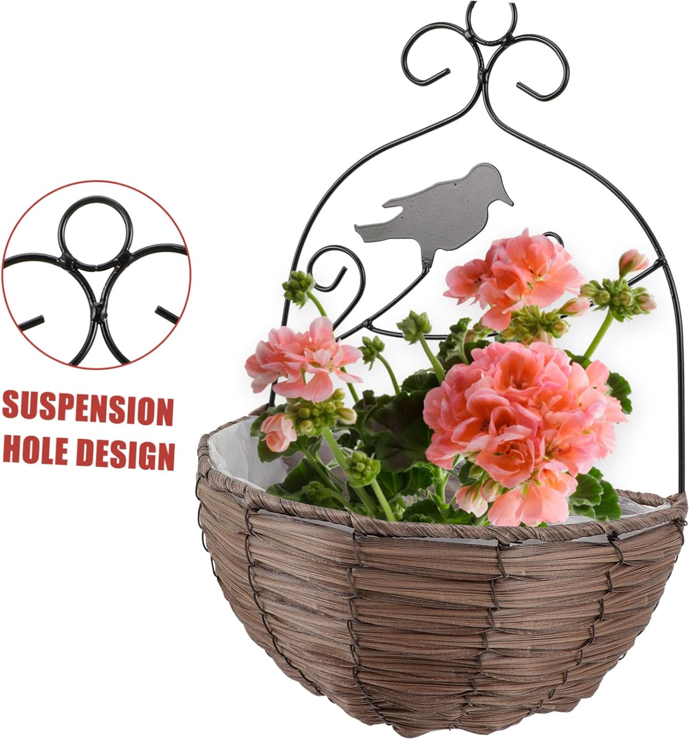 Woven Hanging Flower Basket Wall Mounted Rustic Rattan Planter Pot for Indoor Outdoor Plants Home Garden Decor with Storage Function Brown Ornamental Bird Pattern