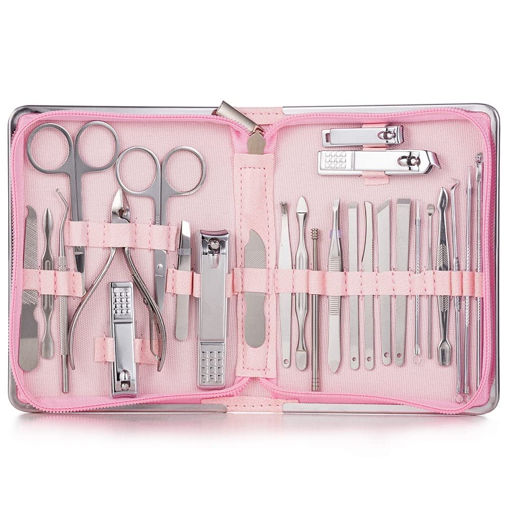 KLVN Profesjonalne obcinacze do paznokci, zestaw do manicure, obcinacz do paznokci, nożyczki, szczypce do skórek, zestaw narzędzi do paznokci, 26 szt., różowe