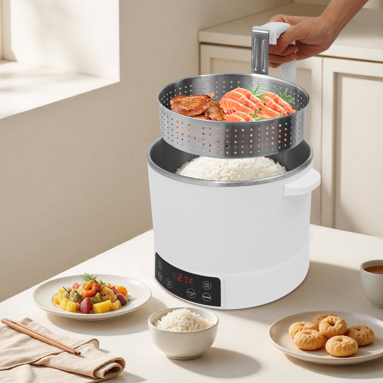 Cuocere riso a basso contenuto di zucchero, 1200 W, elettrico Multifunction Rice Cooker, 3 l, per 1-3 persone, con cucchiaio e misurino (bianco)
