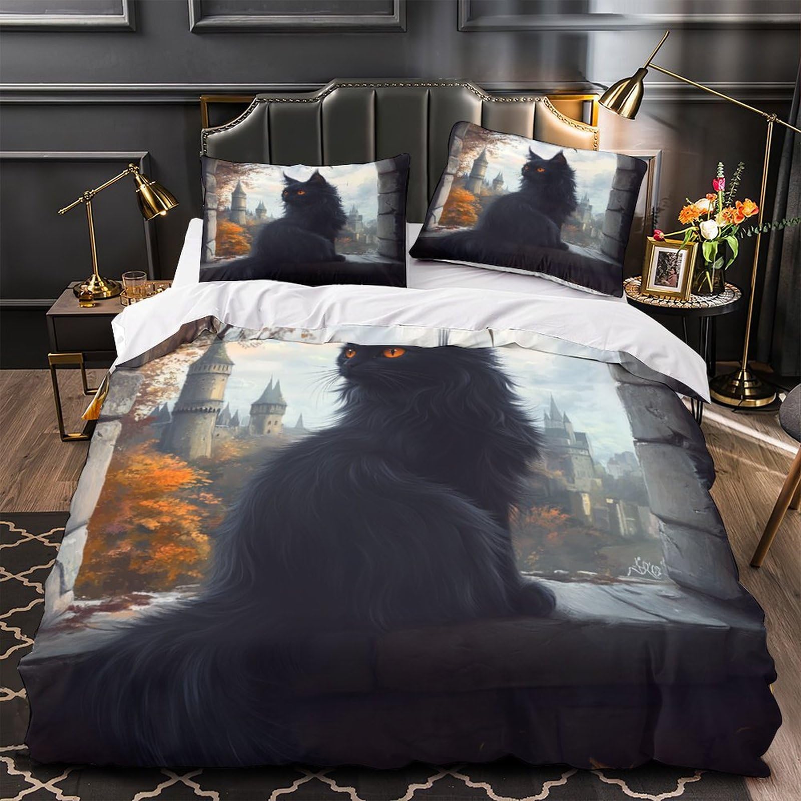 Housse de couette chat noir imprimé 3D drap de lit double 200x200cm lavable en machine