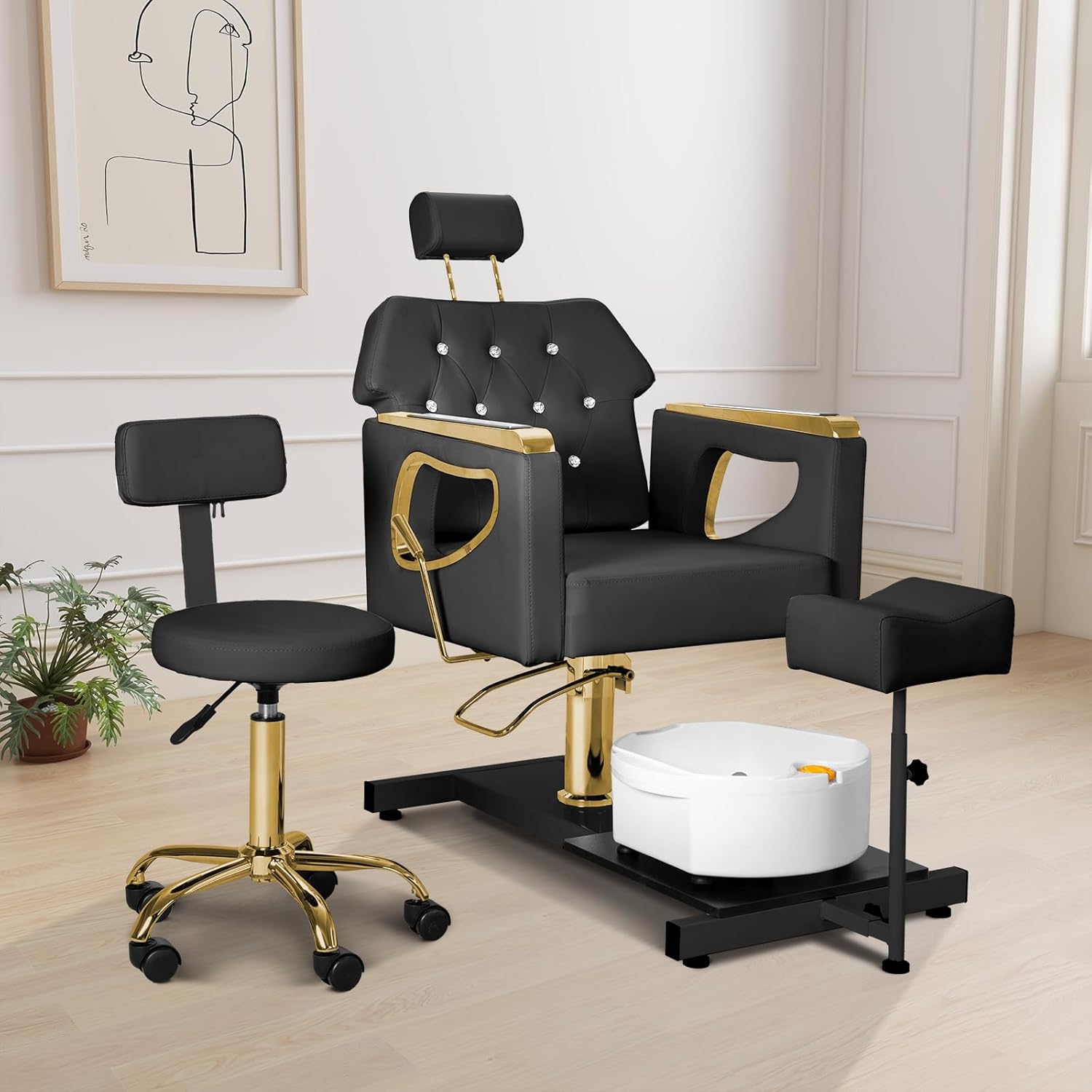 FHFO Pedicure Chair No Plumbing, 360° Swivel Hydraulic Adjustable Reclining Station with Massage Foot Bath & Footrest for Nail Tech, Spa, Salon (Black-Gold)