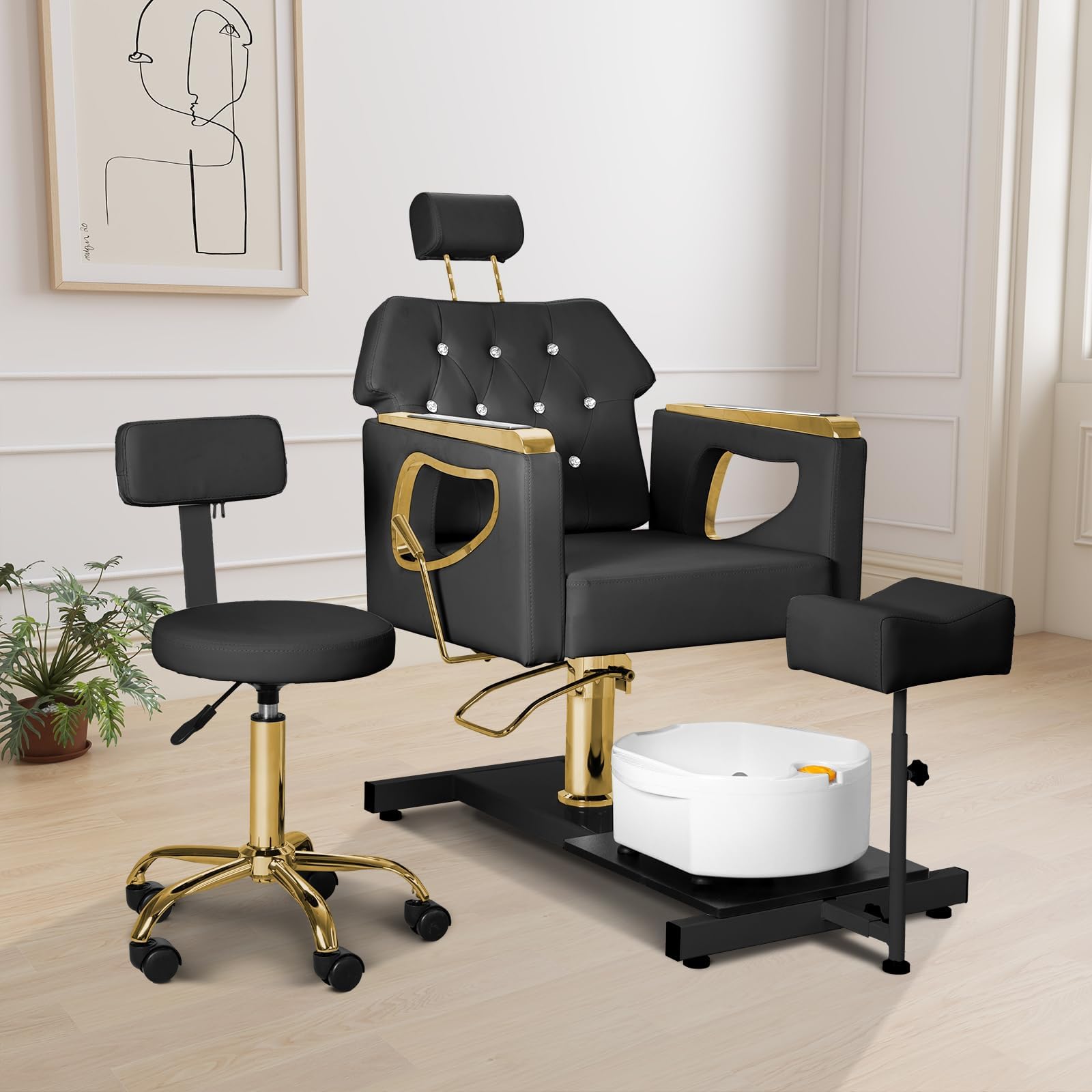 Pedicure Chair No Plumbing with Rolling Salon Spa Stool, Black-Gold | Massage Foot Bath | Footrest | Hydraulic Lifting | Pedicure Station | PU Leather | High-Density Sponge | for Nail, Spa, Salon