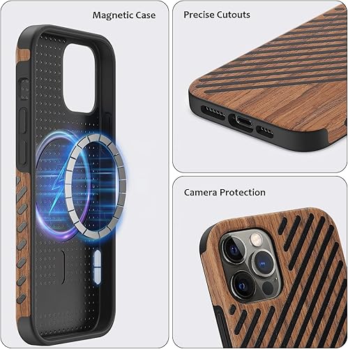 Miniatura 6 de ZZDZZ Funda magnética compatible con iPhone 12 Pro  iPhone 12 compatible con MagSafe diseño de madera y cuero, funda híbrida de TPU a prueba de