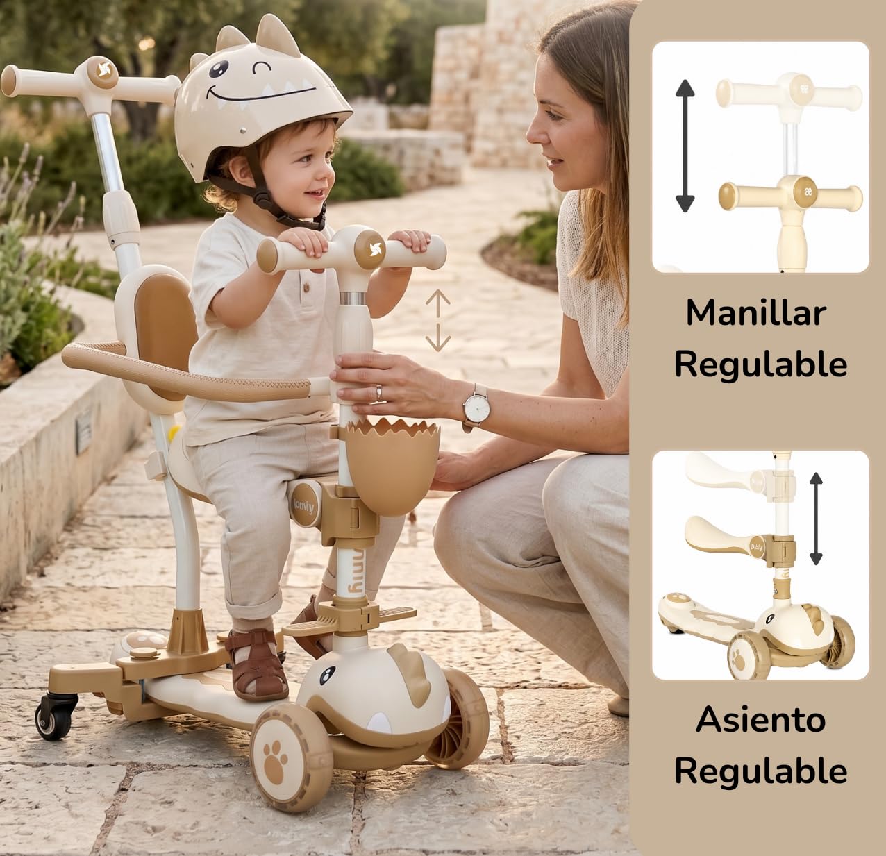 Twinly Dinly Patinete Evolutivo 3 en 1 con Asiento y casco incluido, Rosa | Manillar parental ajustable, ruedas LED, plegable y hasta 30 kg.