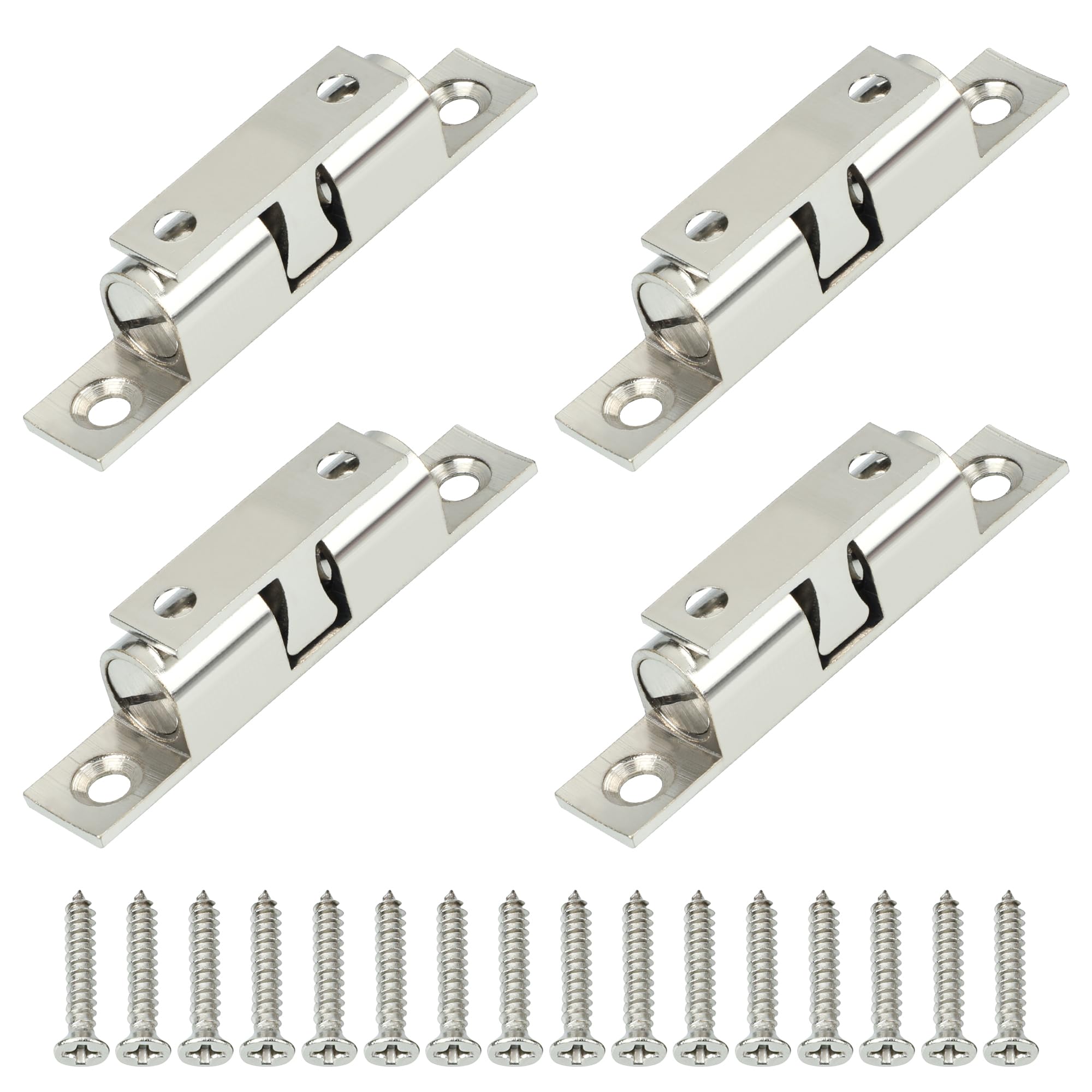 Mooche 4 Pcs Double Ball Roller Tension Door Catches, Solid Brass Adjustable Cupboard Double Roller Latch Catches for Internal Doors Wardrobes Cabinet Kitchen Closet Furniture Door (Brushed)