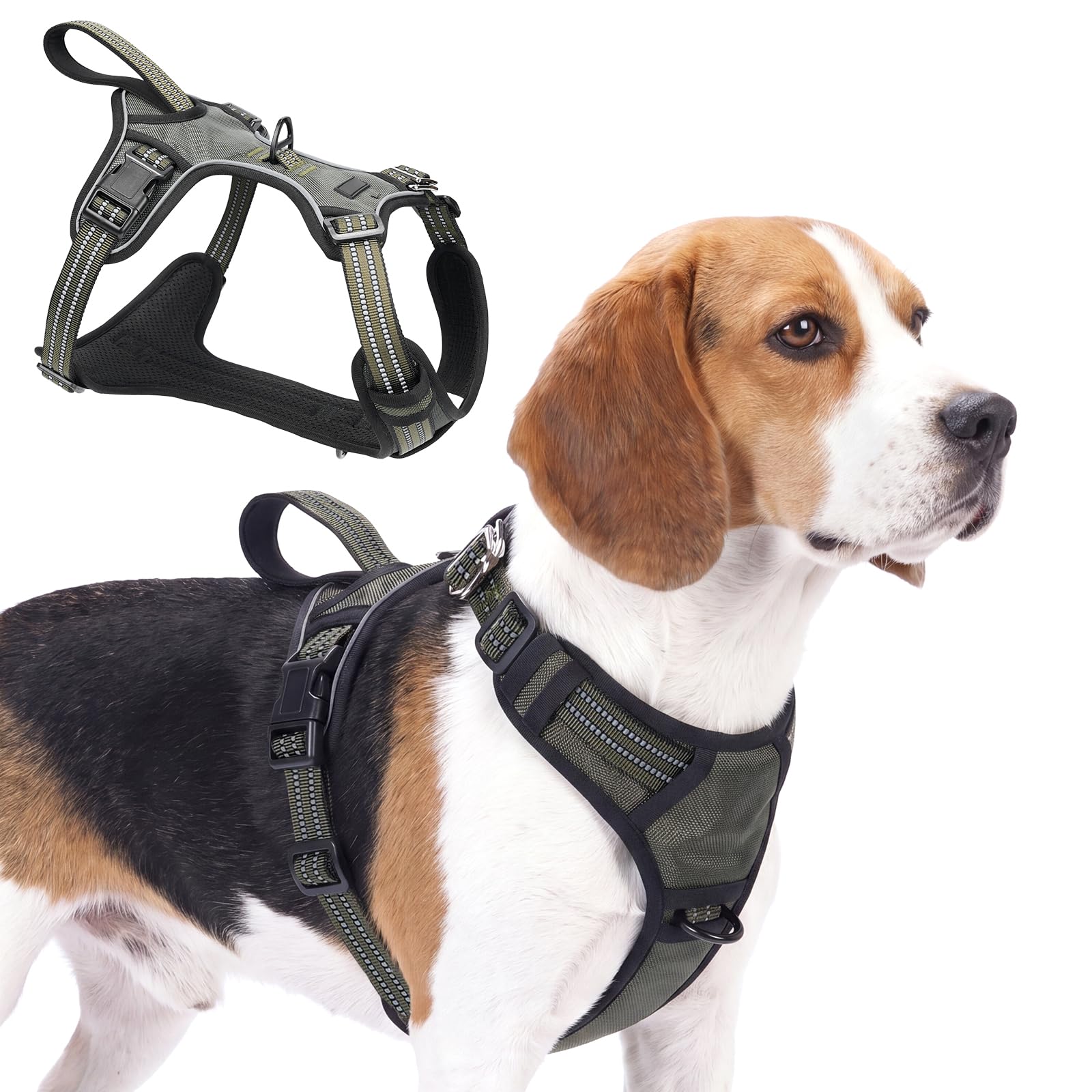 Olcyren Dog Harness for Small Medium Large Dogs, No Pull Adjustable Soft Padded Dog Harness with Handle, Anti Pull Reflective No-Choke Breathable Pet Harness with Front Back Clips (Army Green, M)