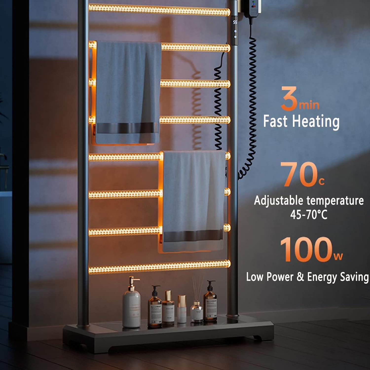 Heated Towel Rail, Digital Display Towel Warmer 100W 8 Bar Radiator Towel Rail Gray Electric Towel Rail Timer Free Standing Electric Towel Radiator, 94.5 * 50 * 20cm