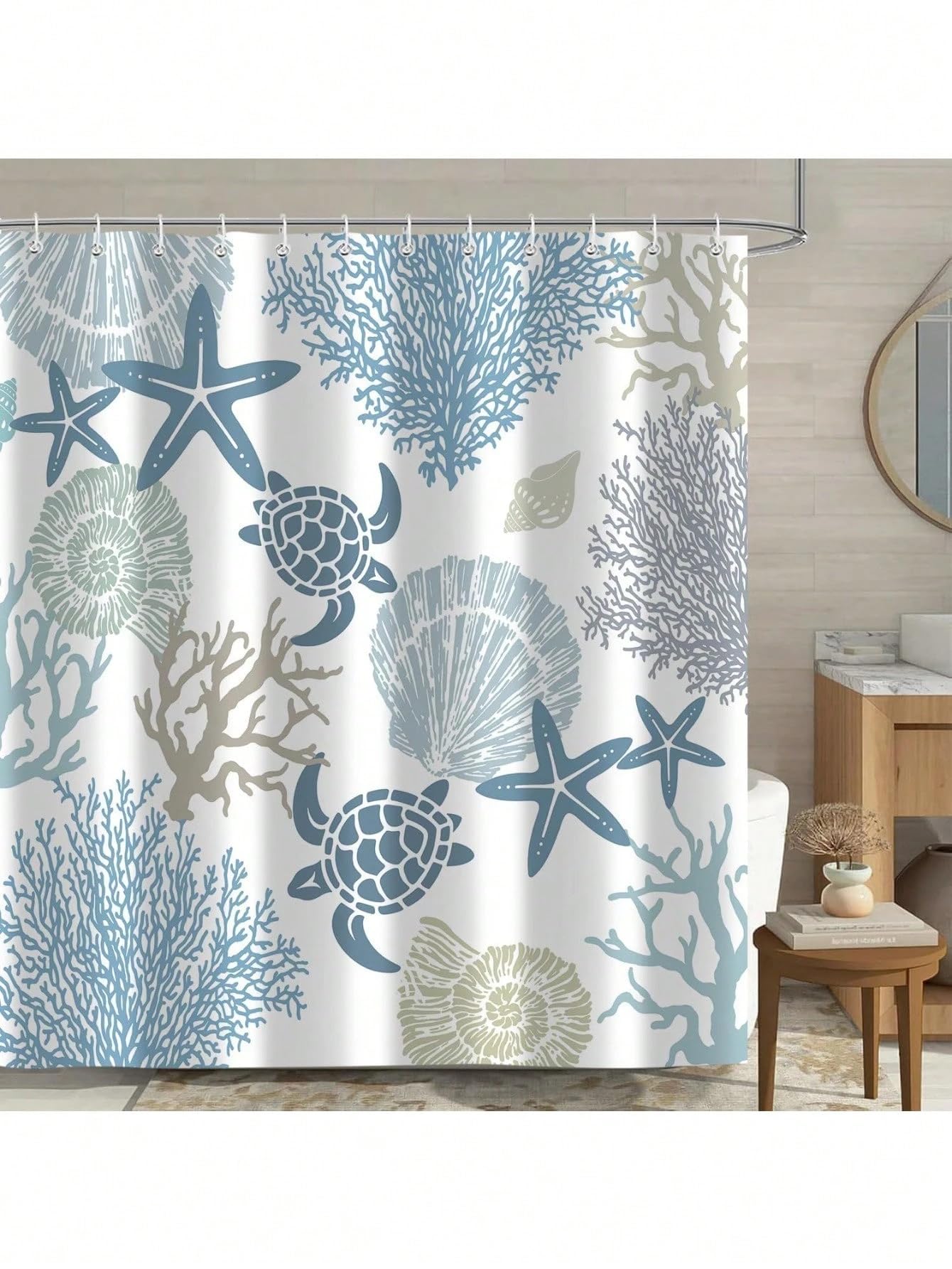 SPXLUCAU Nautical Coastal Shower Curtain, Sea Ocean Theme Seashell Starfish Shower Curtains, for Bathroom Decor(230x175cm/91x69in(WxH))
