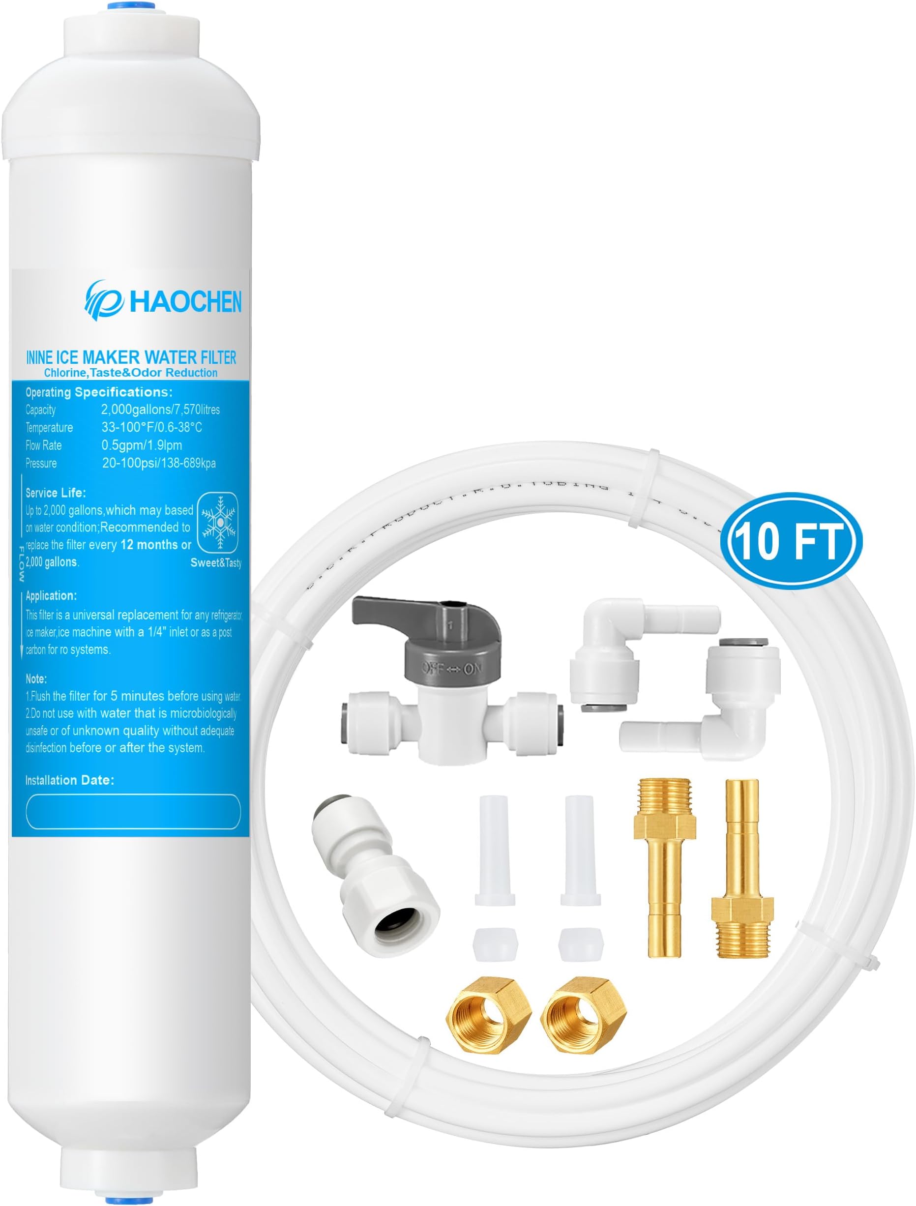 HAOCHEN Inline Water Filter for Ice Maker and Refrigerator,Include 1/4" Water Line and Push to Connect Fittings,Ideal for Ice Maker, Refrigerator, RO(Reverse Osmosis) System