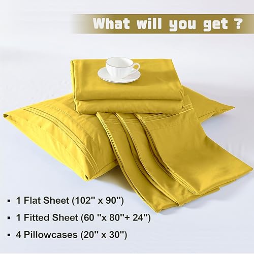 Miniatura 5 de Homiest Juego de sábanas de bolsillo extra profundo, 6 piezas de sábanas suaves de color amarillo mostaza de 18 a 24 pulgadas, sábanas de microfibra