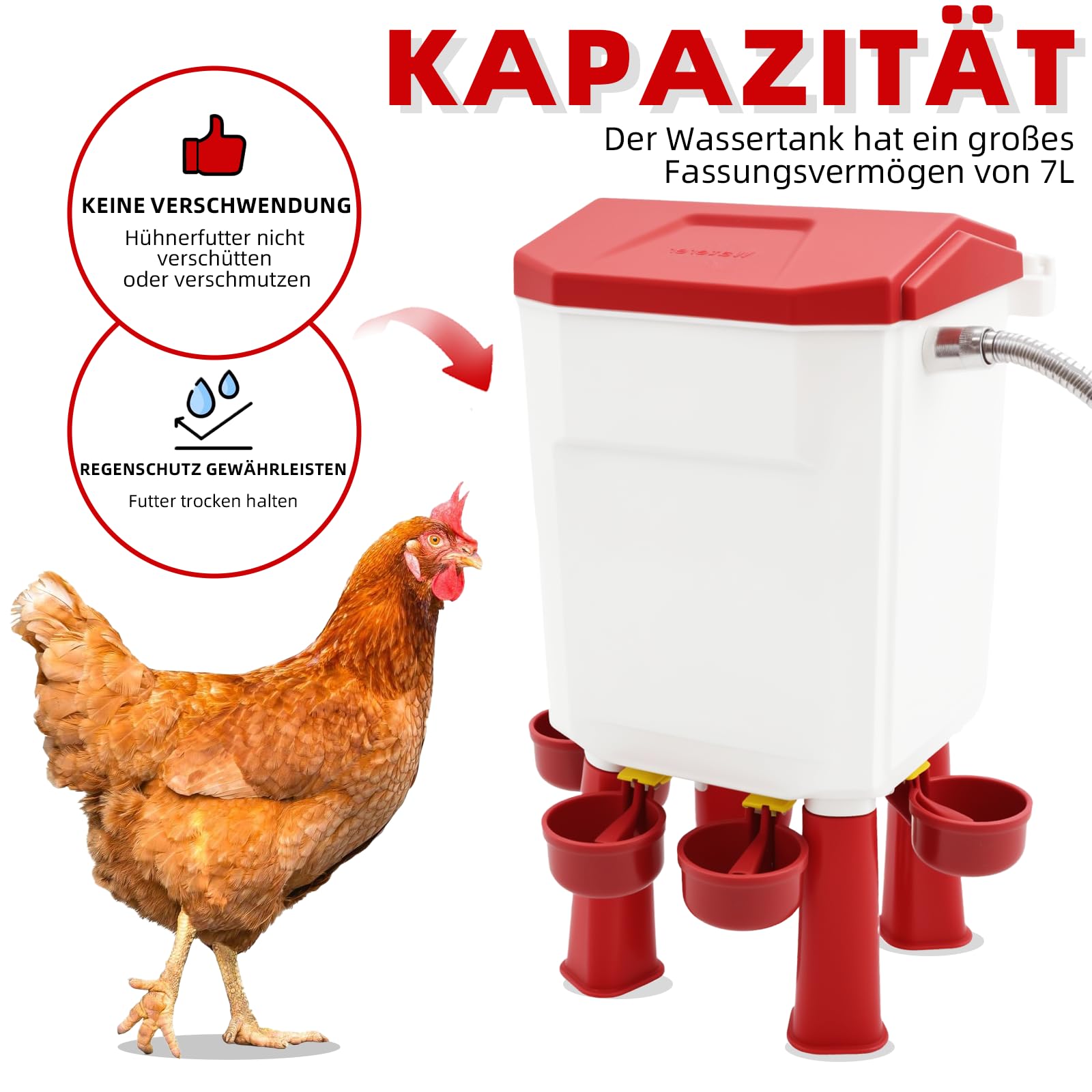 7-Liter-Automatiktränke, freistehende Hühnertränke Geflügeltränke für Enten und Gänse, hängende Schwerkraftfütterung, Hühnerzuchtzubehör, inklusive Zubehör