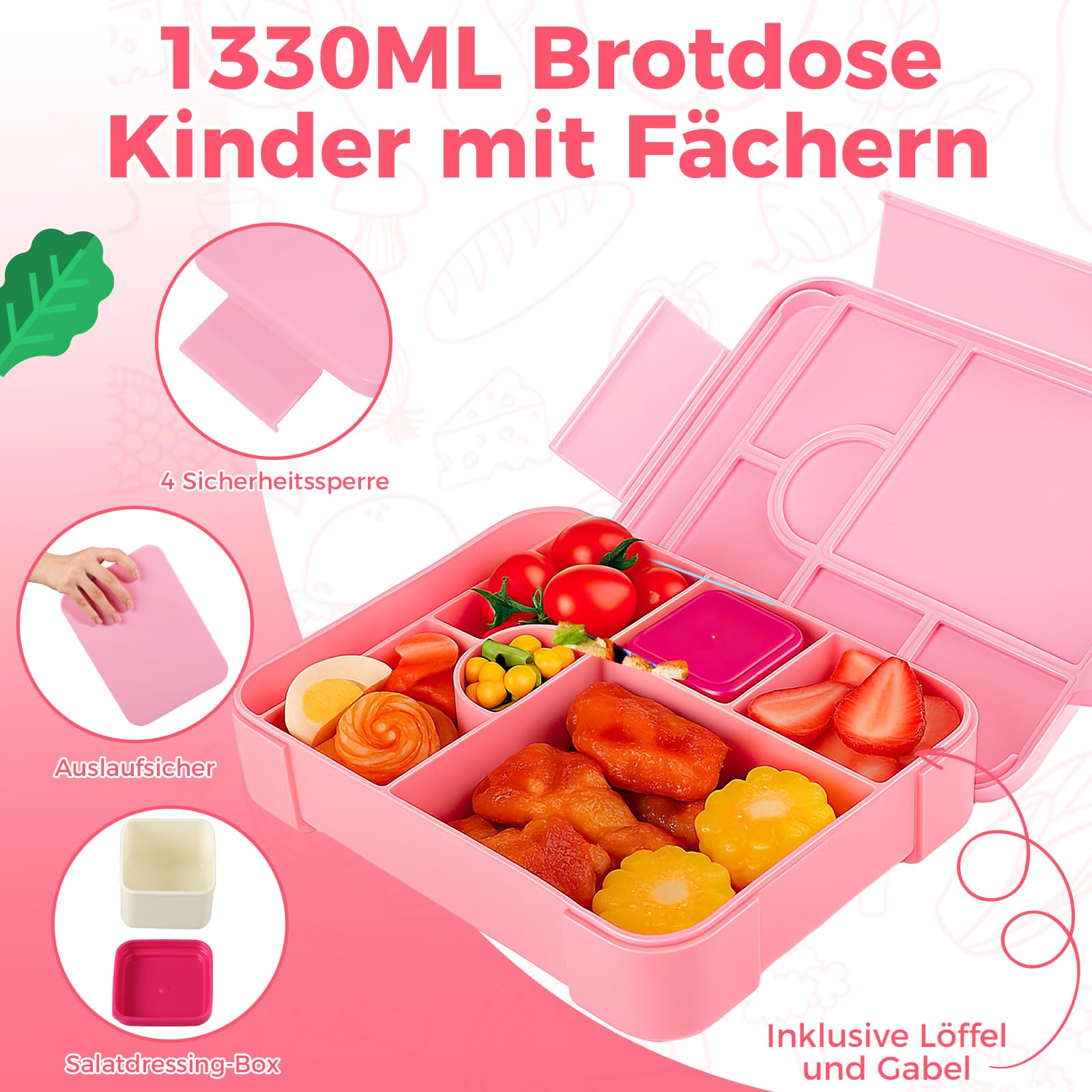 Boîte à Déjeuner Enfant Dntorx 1330 Ml - 6 Compartiments, Anti-fuite - Avec Couverts - Rose