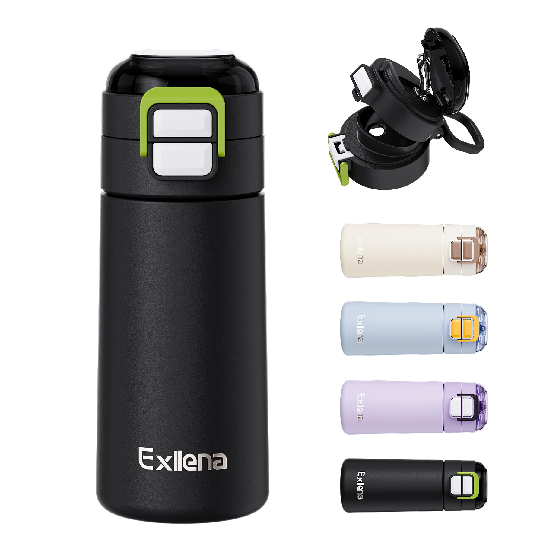 Exllena Small Insulated Water Bottle 400ml with Pop-Open Soft Straw & Spout 2-in-1 Lid, Kids Insulated Water Bottle Leak Proof for Cold&Hot Drinks, BPA-Free, Ideal for School, Handbag, Sport(Black)